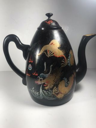 Vintage Hand Painted Chinese Wooden Black Lacquer Dragon Teapot 7 X 7.  5 Inches