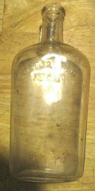 Antique Clear Glass Flask Bottle - - Warranted Flask - - Cap.  7 Oz.  - Bubbles In Glass