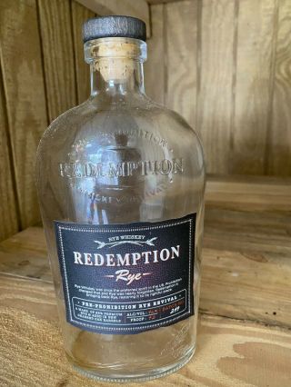 1 Empty Redemption Rye Whiskey Bottle 750ml W/cork Pre - Prohibition Rye Whiskey