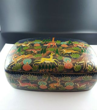 Vintage Hand Painted Paper Mache Lacquer Trinket Box Deer & Fox Forest 6.  5 " × 4 "