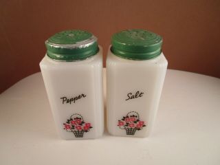 Vintage Milk Glass Salt & Pepper Shakers Green Cap Flower Bouquet Tipp City