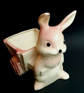 Vintage White Bunny Rabbit Pink Wheelbarrow Cart Ceramic Flower Planter Easter