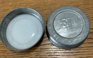 2 Vintage Ball Wide Mouth Zinc Canning Mason Jar Lids Porcelain Insert 3.  5 "