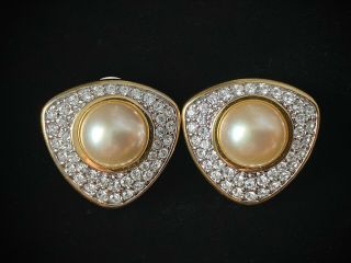 Swarovski Swan Signed Pave Rhinestone Faux Pearl 3 Sided Gold Tone Clip Earrings