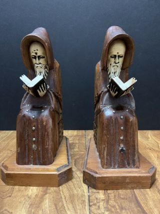 Pr Carved Wood HOODED MONK BOOKENDS Friar Priest Robed & Bearded Reading Men 2