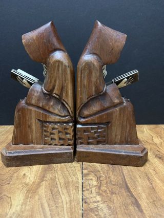 Pr Carved Wood HOODED MONK BOOKENDS Friar Priest Robed & Bearded Reading Men 3