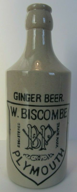 Stoneware Pottery W.  Biscombe Plymouth Advertising Ginger Beer Bottle.