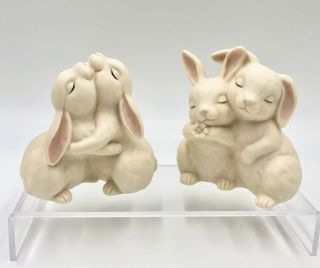 Vtg Pair Homco Bunny Rabbit Figurines Porcelain He Loves Me,  Love Is Wonderful