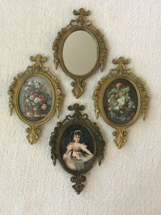 Vintage Ornate Italian Oval Frames With 3 Pictures & 1 Mirror