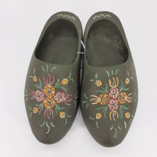 Vintage Dutch Wooden Shoes Hand - Painted Decorative Child Size Green Floral
