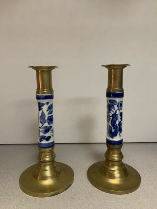 Vintage Brass Candlesticks Blue & White Ceramic Flowers