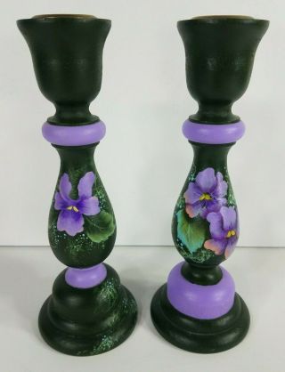 Set Of 2 Green Purple Pansy Flower Hand Painted Wood Candlesticks Candle Holders