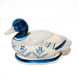 Duck Blue & White Music Box Ceramic " Rain Drops Keep Falling On My Head "