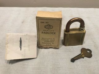 Vintage Taylor Lock Co Padlock W/ Key & Box Nos - Old - Stock 1