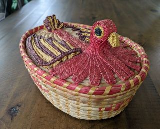Vintage Rooster Chicken Bird Woven Wicker Basket With Lid On A Nest