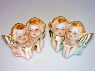 2 Vintage Tilso Norcrest Japan Cherub Angel Faces Porcelain Wall Hanging Plaques