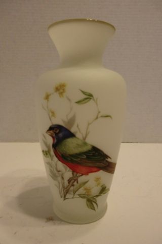 Vintage Enesco Japan Frosted White Glass Vase With Painted Bird