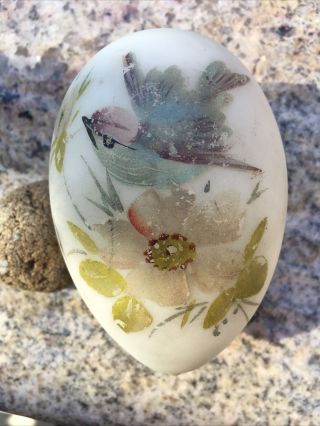Vintage Hand Blown Frosted Or Milk Glass Egg Hand Painted Bird &flower On It