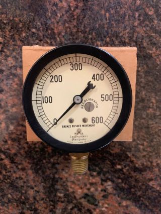 Vintage Jas P Marsh Co 0 - 600 PSI Bronze Brushed Movement Pressure Gauge NOS 2
