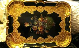 Vintage Florentine Italian Floral Tole Ornate Gold Gilt Wood Tray Firenze Italy