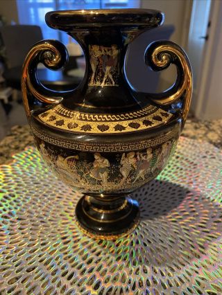 24k Gold Black & Gold 7” Vase Hand Made In Greece Fakiolas