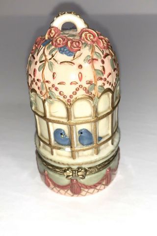 4 " Vintage Porcelain Birdcage Trinket Box Bluebirds Roses - Gift - Engagement