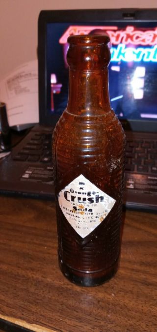 Vintage 7oz Orange Crush Soda Vintage Bottle Amber Brown Ribbed Duraglas