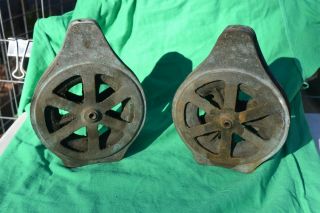 Pair 2 Vintage Heavy Brass Pulleys Bronze Cast Ship Boat Marine 7 " X 5.  5 " Inches