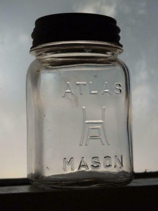 Atlas Mason Jar.  H Over A 1 Pint Square Clear Embossed Glass Zinc Lid.  1060 B2