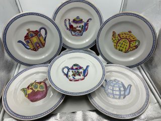 6 X Oriental Accent Teapot 10.  5 " Collector Plates Hand Painted Decorative China
