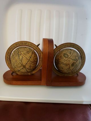 Mid Century Pair Old World Map Globe Book Ends Wood