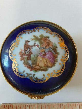 Small French Limoges Pill Box France Classic Couple Garden Music Hand - Painted