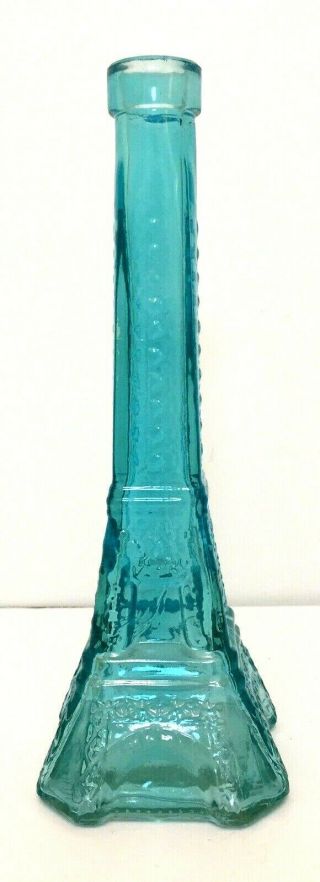 Vintage Turquoise Aqua Blue Glass Eiffel Tower Bottle 9 1/4 " Tall