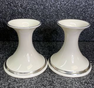 Set Of 2 Lenox Solitaire Candle Holders 4” Candlesticks Hand Decorated Platinum