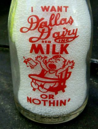 Dallas Dairy Milk Inc.  Half Pint Bottle With Crying Baby in High Chair & Cap 2