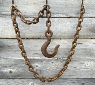 Antique Cast Iron Hook With Heavy - Duty Rusty Chain Length 66” Vintage Farm Tools