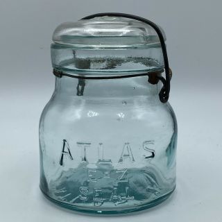 Vintage Atlas E - Z Seal Pint Blue Glass Canning Mason Jar Wire Bail & Clear Lid