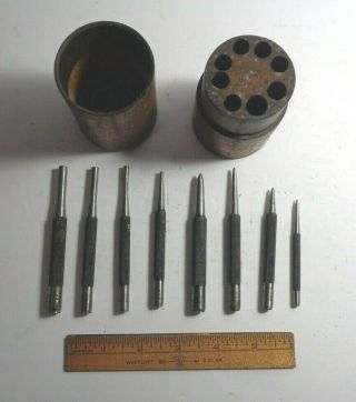 Starrett Drive Pin Punches,  No.  565,  Flat & Pointed Ends,  8 Qty W/wooden Holder