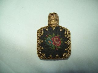 Vintage Miniature Perfume Bottle With Screw Cap And Quilted Rose