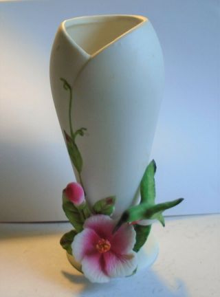 Vintage Lefton Japan Bisque Vase Applied Hummingbird Pink Hibiscus 3 Dimensional