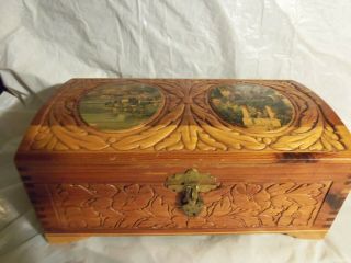 Vintage Carved Ornate Cedar Wood Trinket Jewelry Box With Mirror