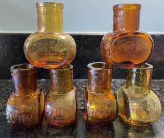 6 Amber Bovril Vintage Old Antique Advertising Jars Bottles Pots