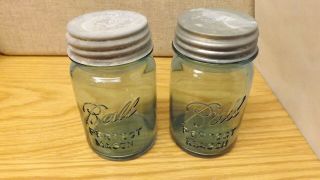 (2) Vintage Pint Aqua Blue Perfect Mason Canning Jars With Zink Lids