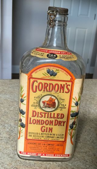 1946 Gordon’s Distilled London Dry Gin Bottle 4/5 Quart 9 " Tall Snap Wire Cap
