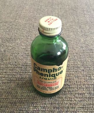 Vintage Campho Phenique Liquid Antiseptic Glass Bottle Medicine Approx 1/2 Full