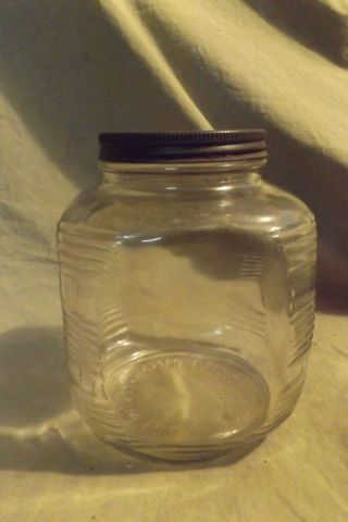 Vintage Antique Art Deco Style Square Clear Glass Storage Jar Tin Screw Lid 6.  5 "