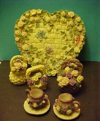 Hearts And Flowers Mini Tea Pot Set Tray Teapot Sugar Creamer Cups Saucer