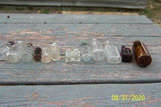 13 Vintage Small Glass Bottles,  Caps And Cork,  Listerine,  Cathedral Brand,  Etc