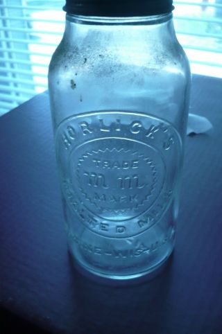 Antique 1880 ' s Glass Horlicks Malted Milk Bottle w zinc Cap Racine Wis 3