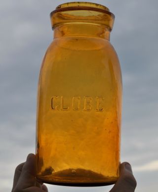 Vtg Globe Yellow Honey Amber Quart Ground Lip Mason Fruit Jar " 50 "